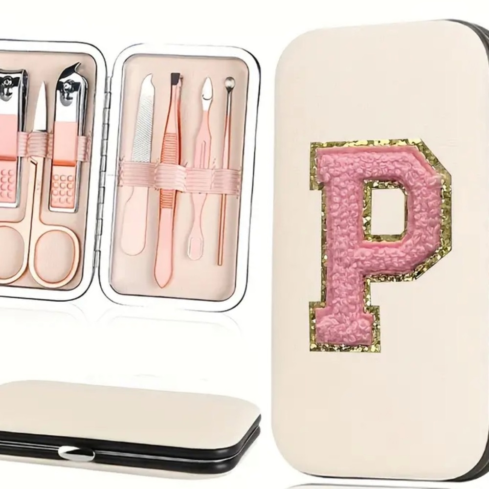 Letter P Travel Nail Manicure Kit Set Vacay Spa Gold Pink Cream Stocking Stuffer
